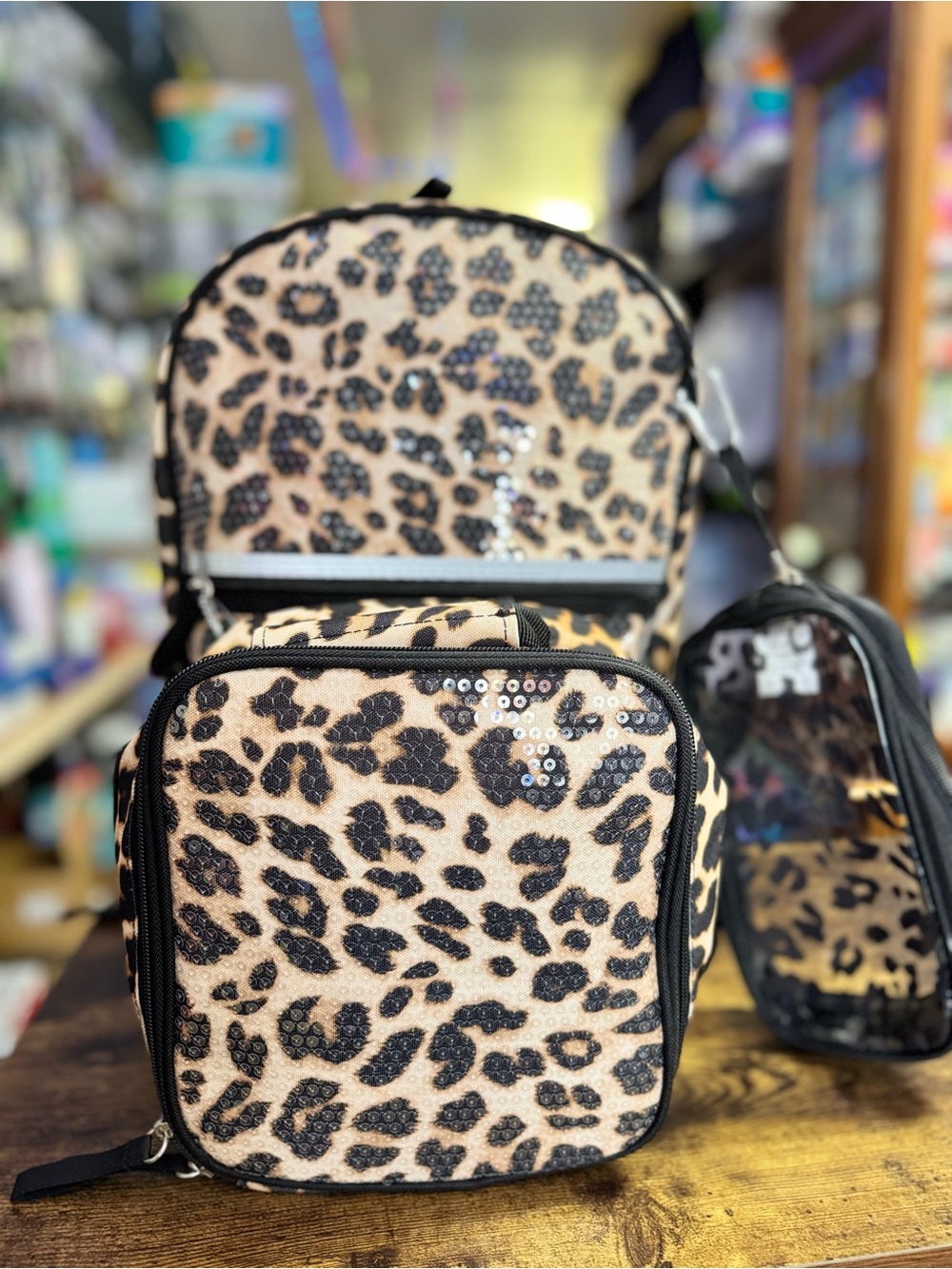 Leopard Print Sequin Backpack Set - Pink/Black